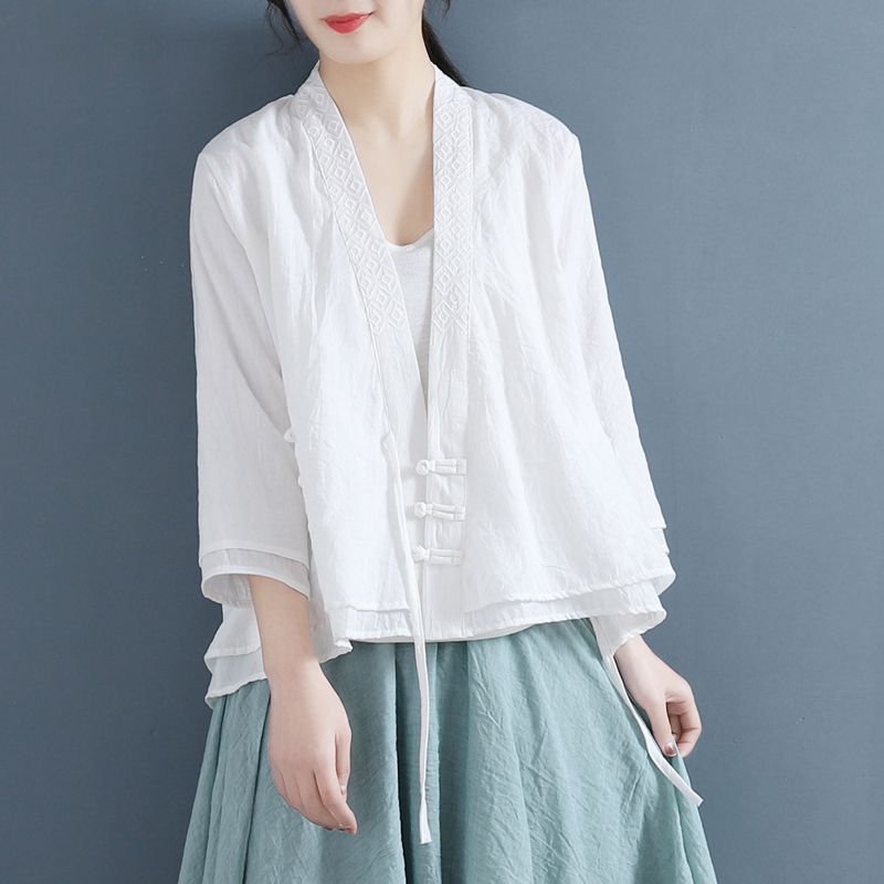 Women's Vintage Chinese Style Blouse Embroidered Loose Fit Asymmetrical Button Down Shirt Chic Spring Summer Top KK132