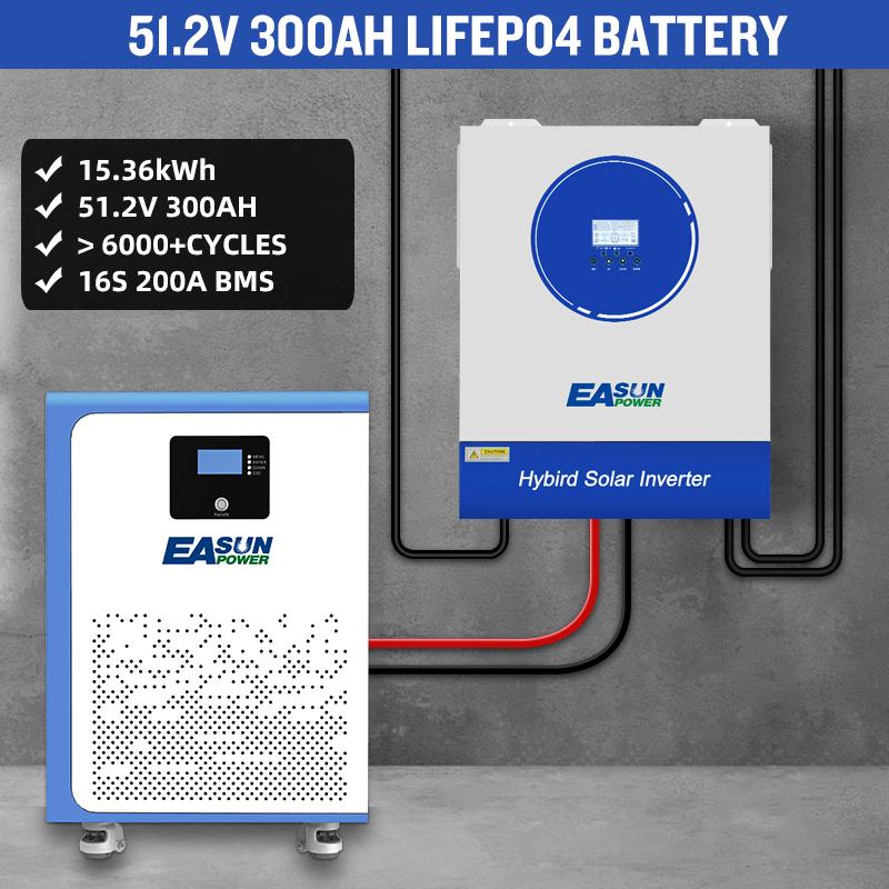 EASUN POWER Аккумулятор LiFePO4 51,2 В 300 Ач Bluetooth 48 В 15 кВтч Литиевый аккумулятор 6000+ циклов Хранение солнечной энергии BMS Для инвертора