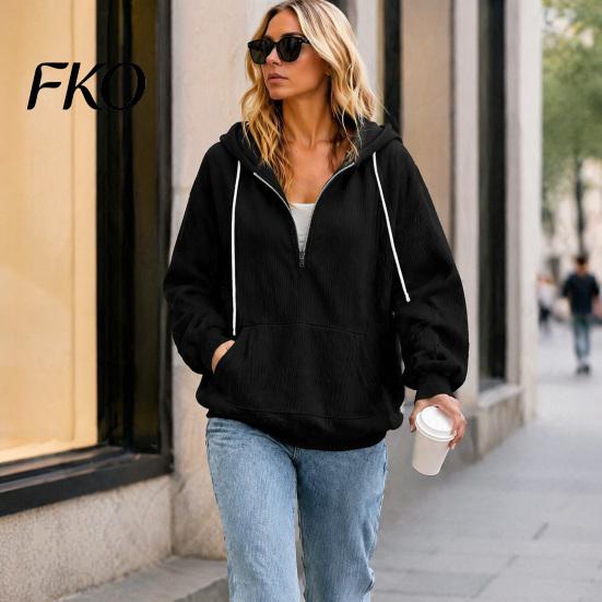 Comfortable Loungewear Top Womens Quarter Zip Hoodie, Oversized Loose Fit Long Sleeve Sweatshirt with Full Corduroy Hoodie Drawstring Hood Kangaroo