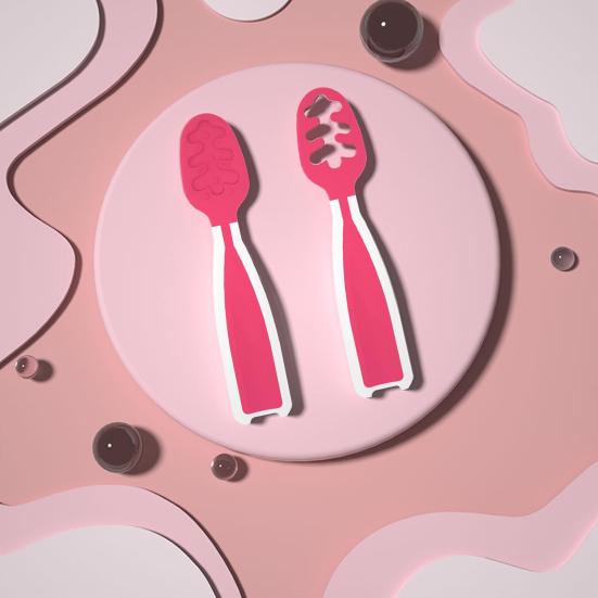 2Pcs Babies Food Training Spoons Set for 6+ Months Attractive Colors Portable Safe TPE Self Feeding Utensils for BLW Toddler Learning Tableware