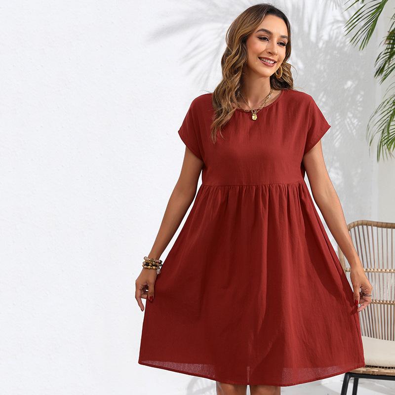 Fashion Summer Round Neck A-line Loose Dress Women Elegant Slim Fit Pockets Temperament Casual Dresses Woman Simple Vintage Slim Female Dress 26482