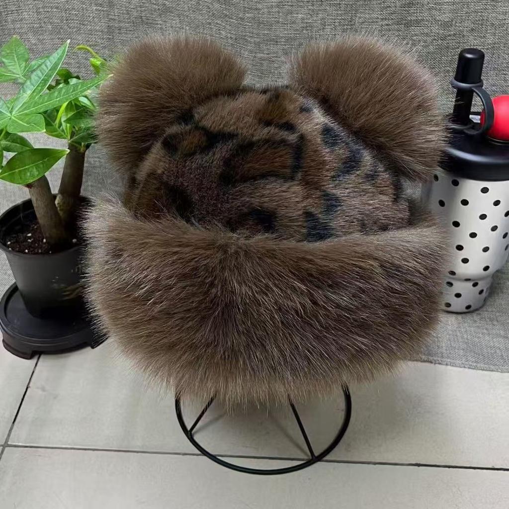 Manufacturer retro leopard print ears plush Mongolian hat thickened warm imitation fur ear protection hat customization