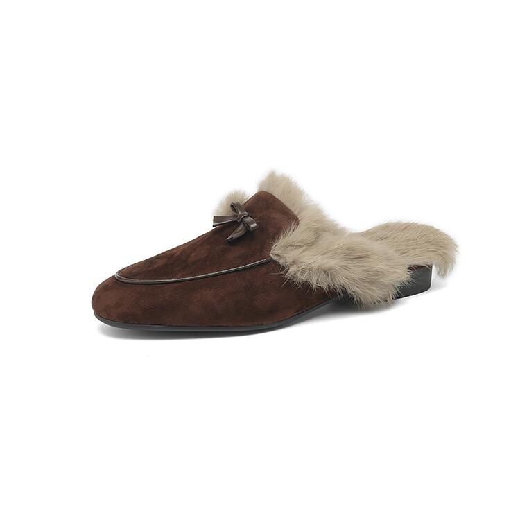 Мода 2025 Зимние Женские Туфли из Овчины Замши, Мюли с Кроличьим Мехом для Женщин, Туфли-Шлепанцы с Круглым Носком на Массивном Каблуке, Закрытый Носок