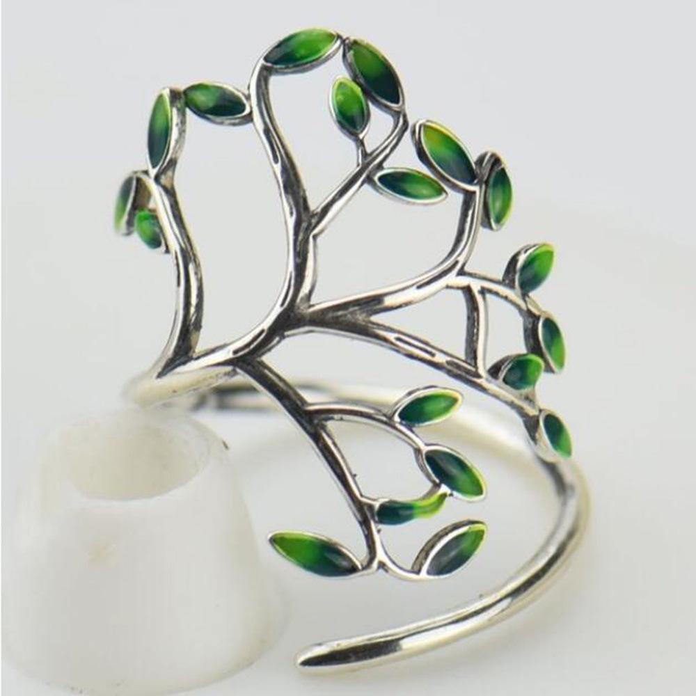 Fashion Vintage Hand Drip Glazed Green Leaf Branch Ring for Women Opening Adjustable Ring Jewelry ARI