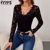 Women's Fashion Casual Spring Fall Solid Color Print Long Sleeve V-Neck Blouses & Shirts