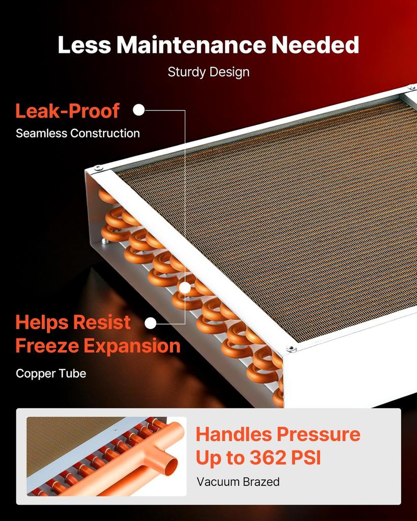 Water to Air Heat Exchanger, 356 x 356 mm Finned Tube HVAC Heat Exchanger Coil with Copper Tubes & Aluminum Fins, 65K BTU Output for Outdoor Wood