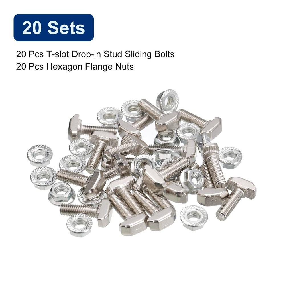 20 Sets Carbon Steel M6 Hexagon Flange Nut Set Silver T Shape Stud Sliding Screw