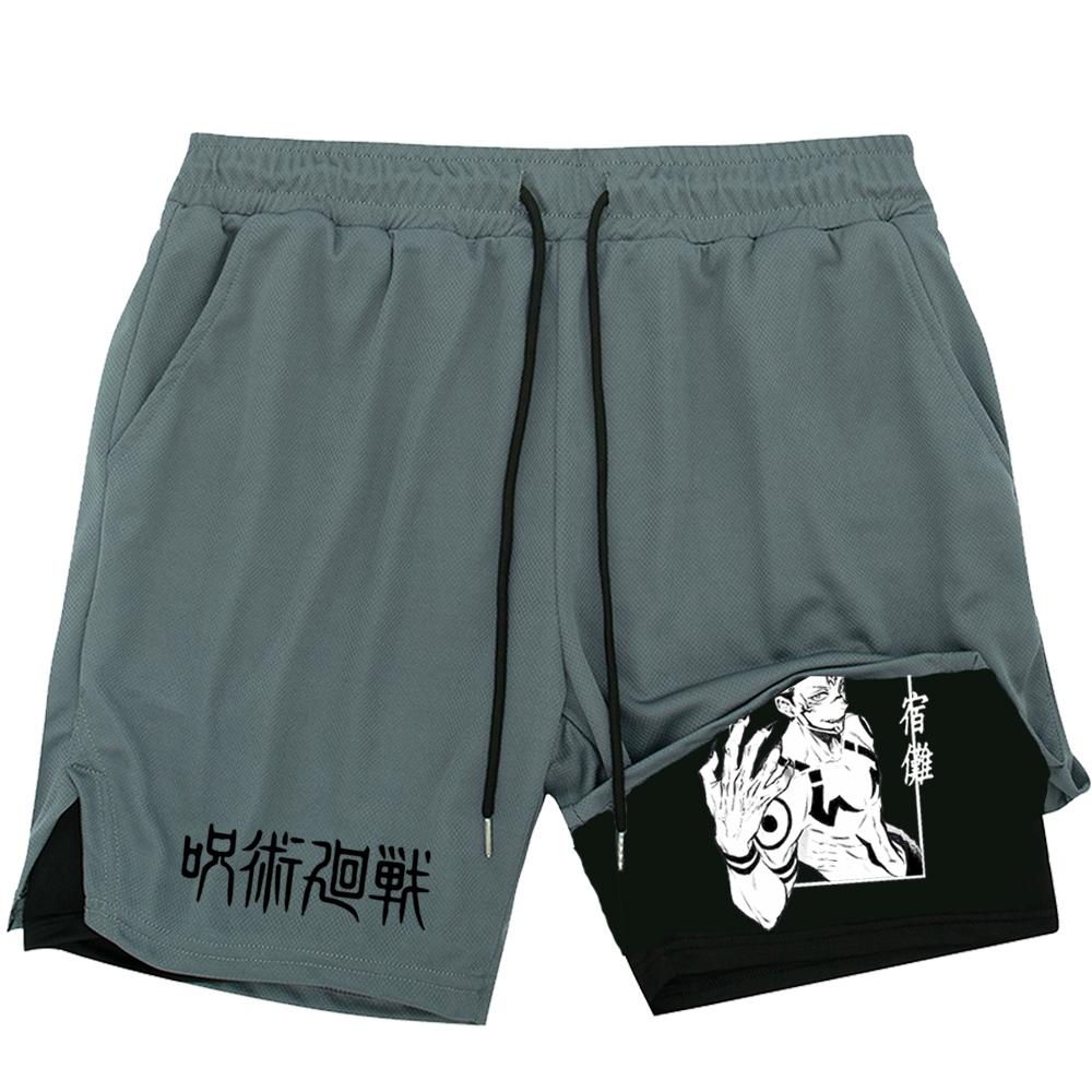 Компрессионные шорты в стиле аниме, летняя спортивная одежда, мужские спортивные шорты для тренажерного зала 2 в 1, мужские шорты для фитнеса и фитнеса