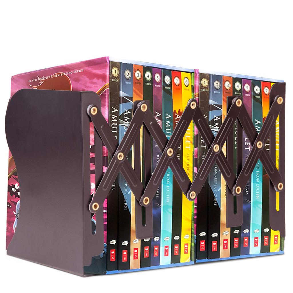 ALIOBC Extendable Metal Desktop Bookshelf with Magazine and Document Newspaper Retractable Office Brown Bookends, Anti-Tip Dividers, Storage, Files,