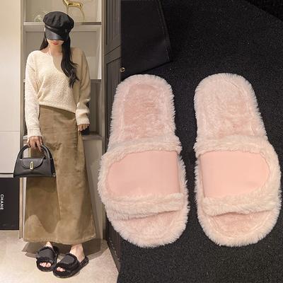 Домашние тапочки для женщин Повседневные плоские Низкий каблук Милые базовые туфли для женщин Однотонные Меховые Слипоны Зимние шлепанцы Большой размер