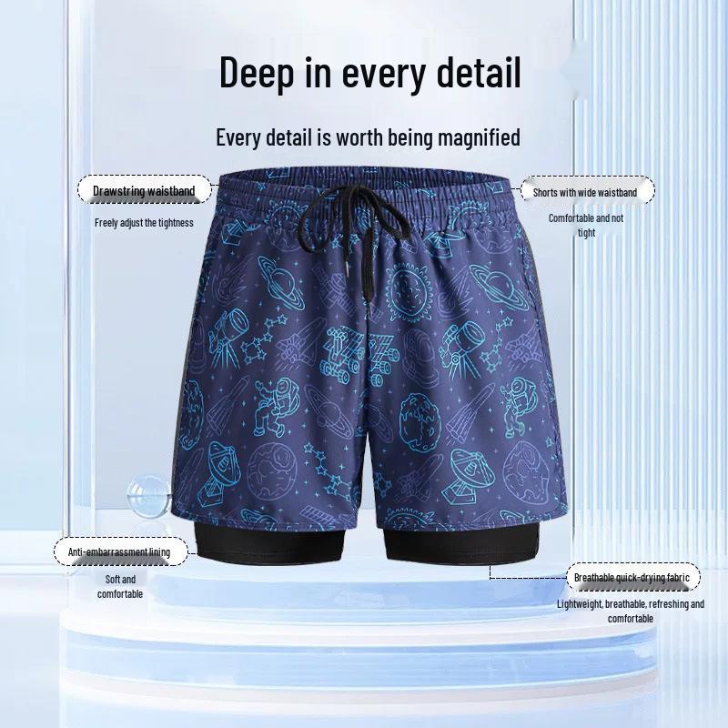 Men's Quick-Dry Double-Layer Swim Trunks with High Elastic Waist and Anti-Embarrassment Lining
