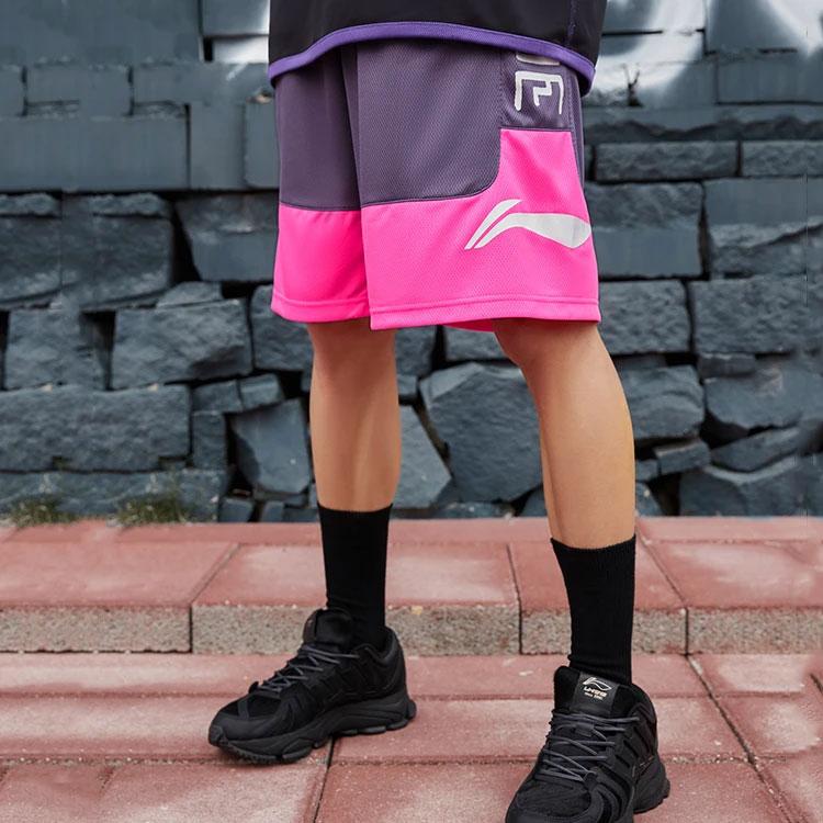 Li Ning Badfive Logo Print Spliced Loose Competition Casual Shorts Men shorts Purple Fluorescent-Pink AAPR371-4