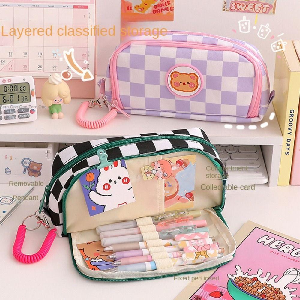 Checkerboard Pencil Bag Large Capacity Stationery Storage Bag Pen Case Pencil Case School Supplies
