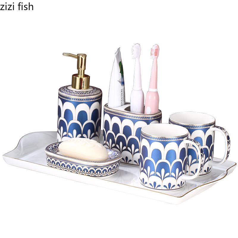Керамический набор для мытья посуды для домашнего использования в ванной комнате, набор из пяти предметов с подносом, принадлежности для ванной комнаты, бутылочка для лосьона, мыльница, держатель для зубных щеток