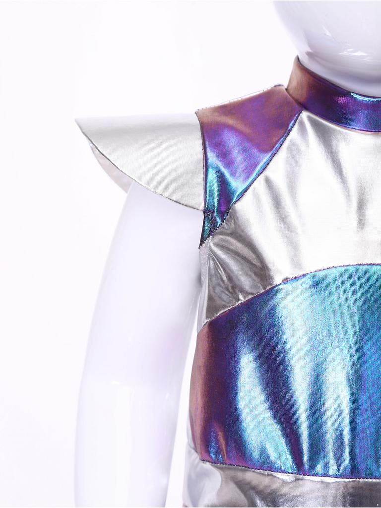 Baby Girls Color Block Alien Jumpsuit Cap Sleeve Zipper Back Metallic Romper Photography Cosplay Halloween