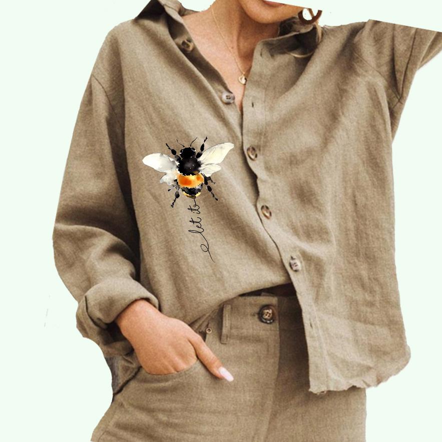 Женская модная блузка с воротником-лацканом, женская повседневная рубашка из хлопка и льна с принтом на пуговицах