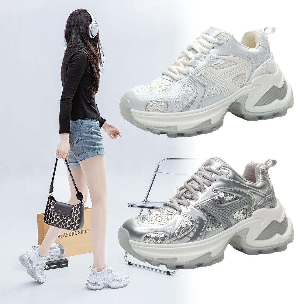 Starry Night Flight 2025 Spring New Casual Shoes Women's Thick-soled Heightening Breathable Mesh Sequins Silver Daddy Shoes Women