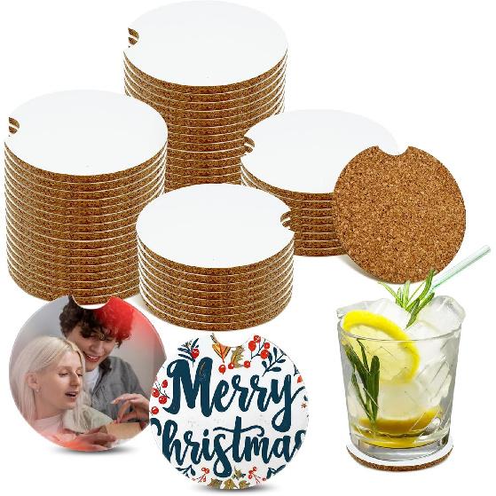 Sublimation Blank Car Coasters,40Pcs 2.6 Inch Round Cork Water Absorbent Coasters Set,Sublimation Heat Transfer Cup Coaster for Drink,Car