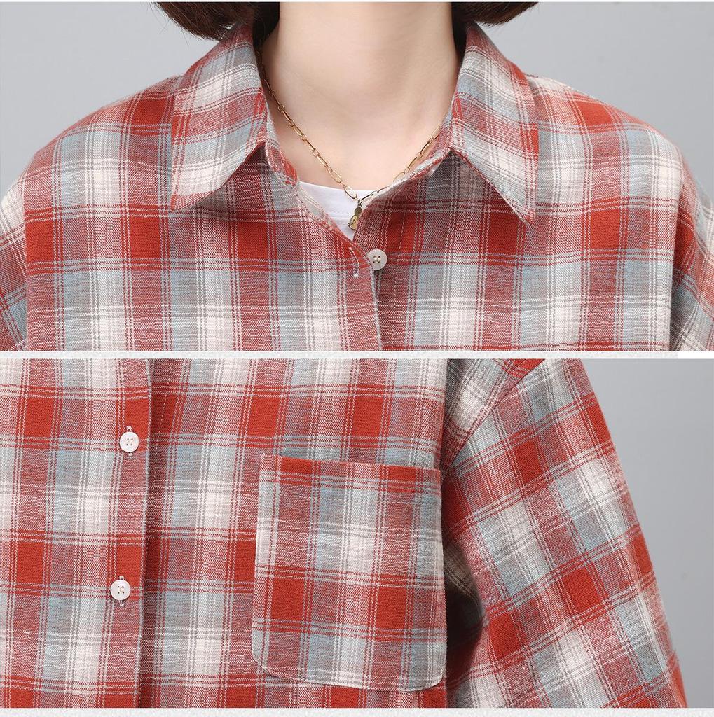 Женская рубашка с длинным рукавом из чистого хлопка в клетку - Осенняя блузка для мамы 2024 года, идеально подходит для весны и осени.