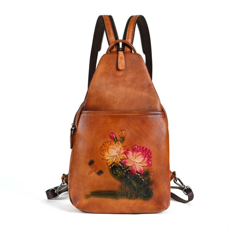 Рюкзаки с тиснением цветов для мужчин и женщин из натуральной кожи, сумки-лотосы, винтажный дизайн, модный рюкзак ручной работы