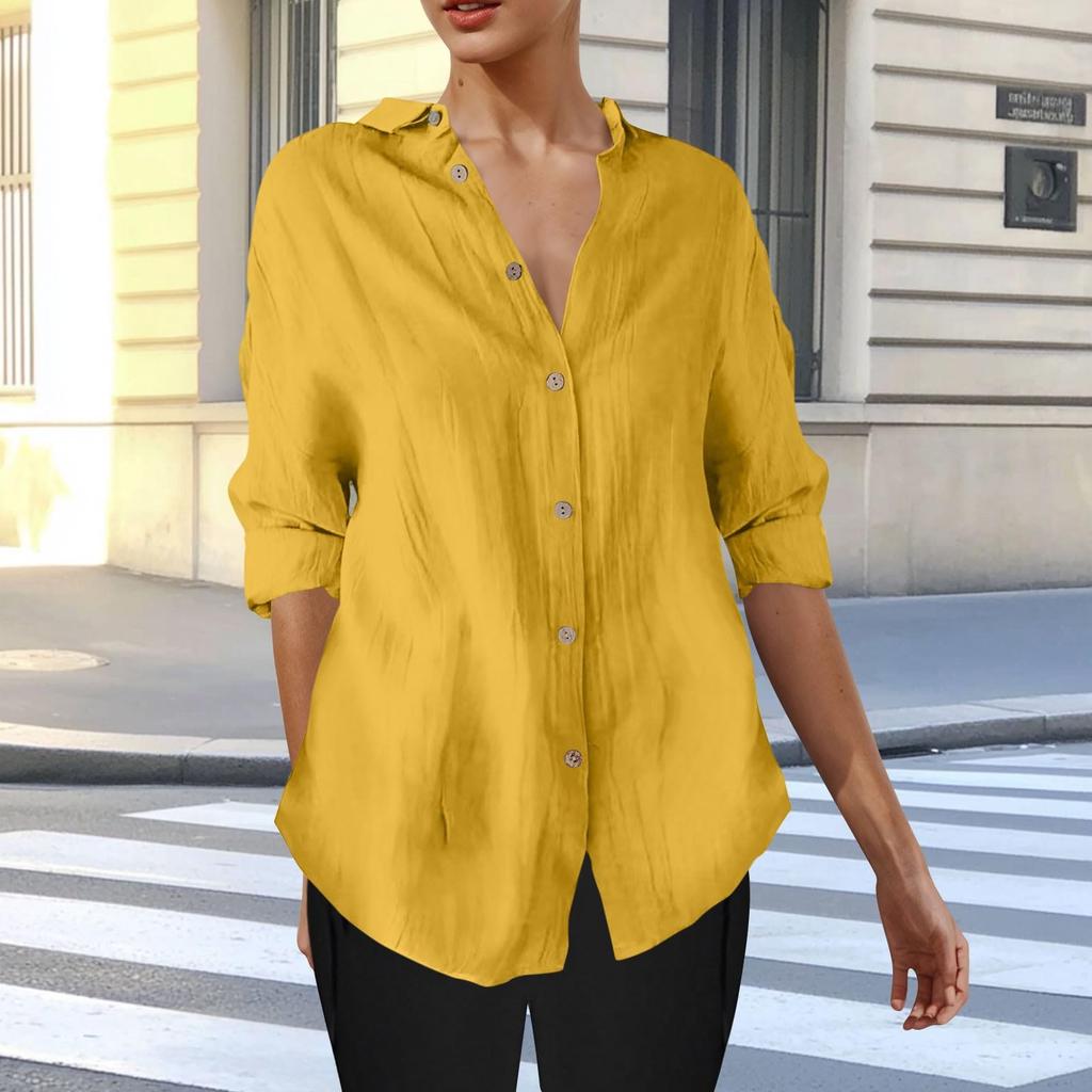Long Sleeve Linen Shirts For Women Button Down Loose Solid Color Blouse Lightweight Casual Lapel Tunic Tops