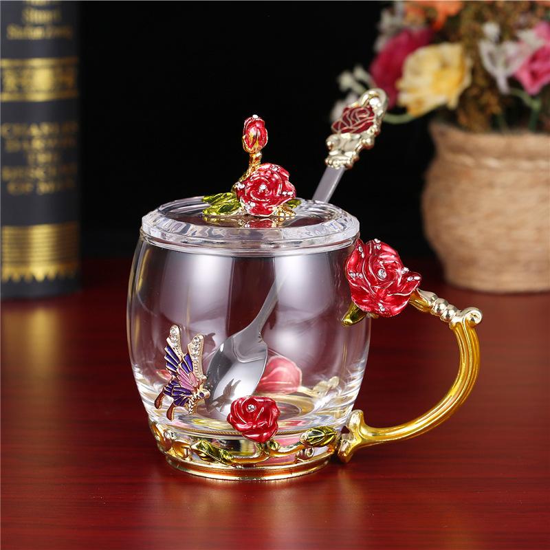 Rose Flower Embossed Glass Enamel Water Cup Cute Gift Glass Water Cup