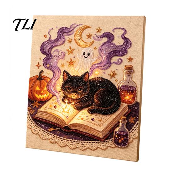 Reusable Seasonal Wall Decoration Halloween Faux Pearl Art Kit, Crow Pumpkin Painting DIY 7.87 x Stress Relief Project for Home Inch Cute