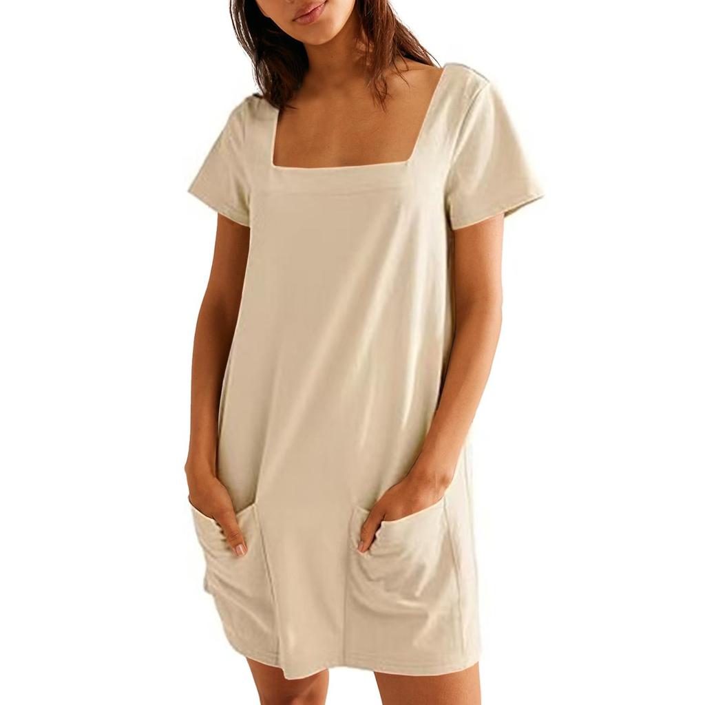 Женское однотонное повседневное платье с квадратным воротником и короткими рукавами, юбкой и карманом