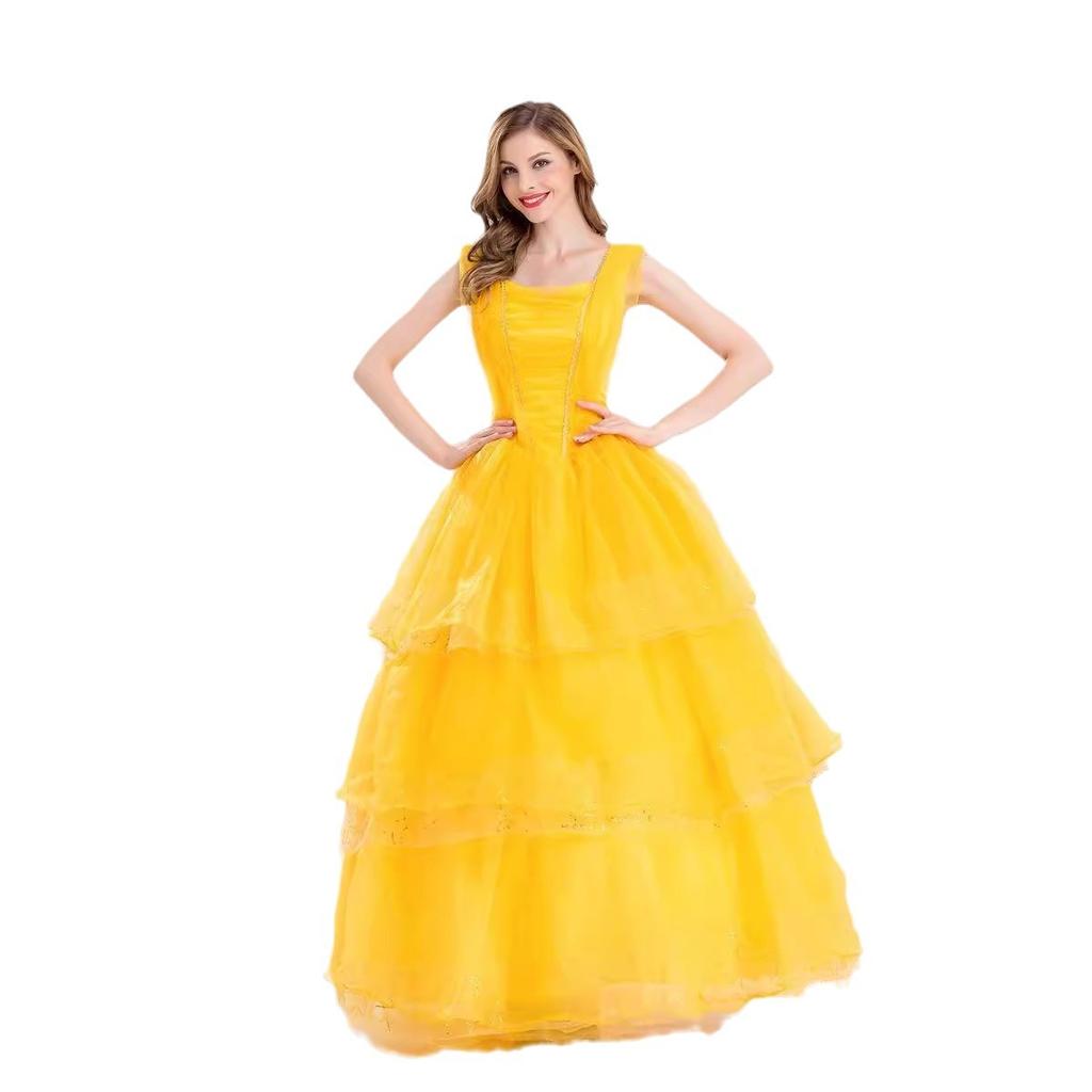 Golden Cinderella Bell Princess Dress Costume, Fairy Tale Adult Uniform Halloween Ball Costume