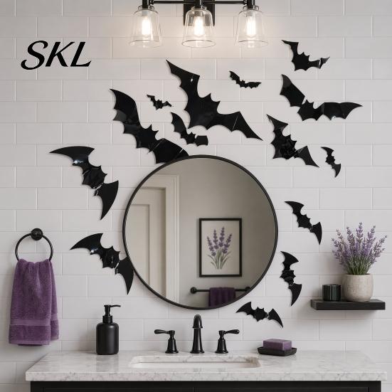 Halloween Hanging Decorations 12Pcs Bats Wall Decals, 3D Bat Stickers for Home Decor, 4 Size Waterproof Black Spooky Bedroom Living Room Decor