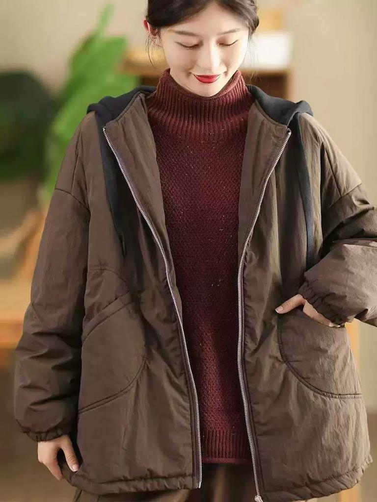 Johnature Женские винтажные зимние куртки с капюшоном на молнии однотонные с длинным рукавом и карманами повседневные