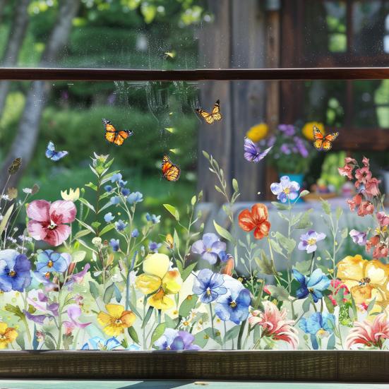 Colorful Floral Window Sticker Removable Flower Window Clings Waterproof Static Window Decal for Home Office Bedroom Bathroom Decor