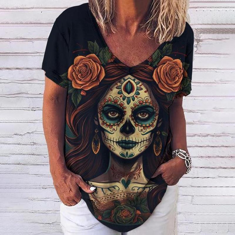 Лето 2023, новинка, женский топ с 3D принтом черепа ужасов и v-образным вырезом, футболка с короткими рукавами, повседневная забавная одежда Harajuku Y2K Day Of The Dead