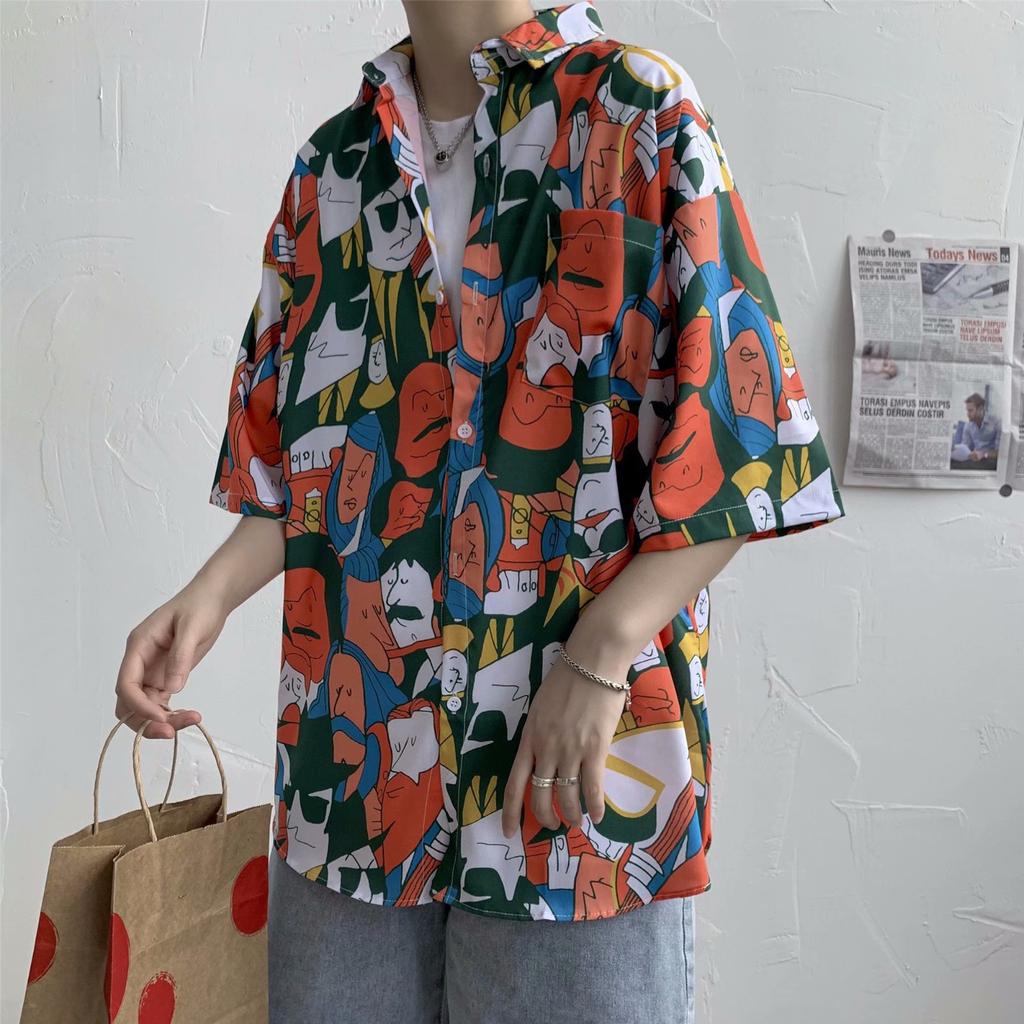 Hawaiian Men's Casual Flower Shirt Hong Kong Style Retro Beach Shirt Floral Couple Flower Shirt Short Sleeve Men