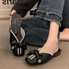 Baotou Half Slippers Women's Summer Outer Wear New Year's New Bow Pearl Flat Bottom Soft Bottom Fish Mouth Sandals