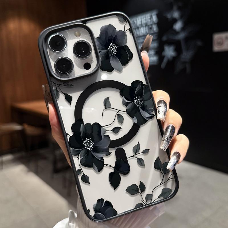 Black floral pattern phone case suitable for iPhone 17 16 15 14 13 12 11 Pro/Max/Plus anti drop and shockproof back cover