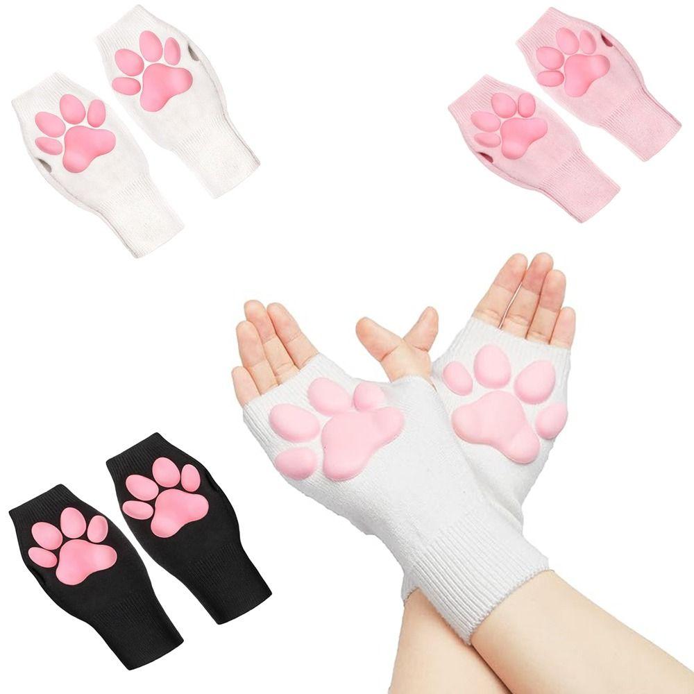 Cute Fingerless Mittens Silicone Warm Knitting Gloves Comfortable Cat Claw Pad Sleeve  Womens