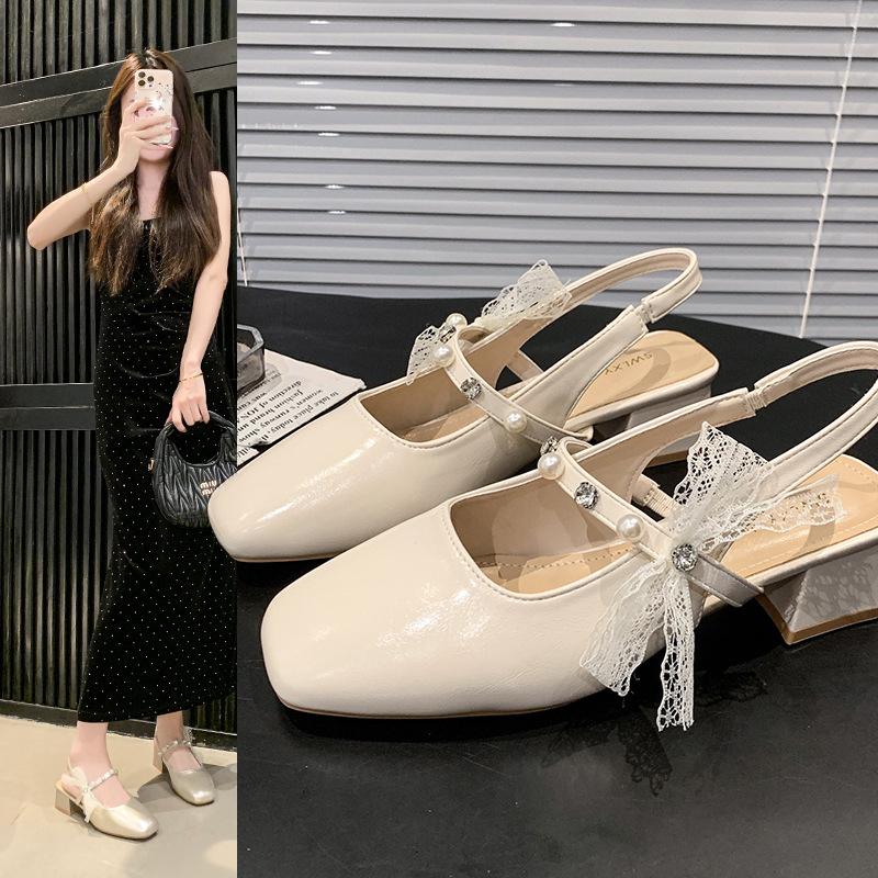 White Mary Jane Sandals Female 2025 New Fairy Style Bag Head Thick Heel Pearl Ribbon with Skirt High Heels