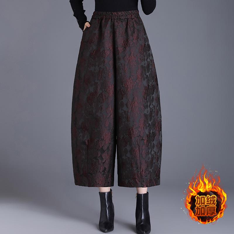 Women's Fleece-Lined Embossed Jacquard Wide-Leg Cropped Tulip Pants - Plus Size, Autumn/Winter, Casual Bootcut, High Quality