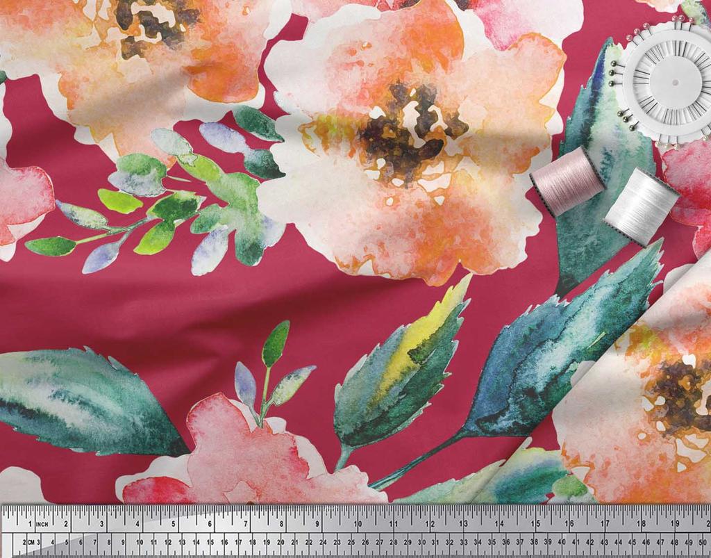 Soimoi Японский креп-атласная ткань с цветами и листьями, акварельный принт, швейная ткань, метр 42 дюйма