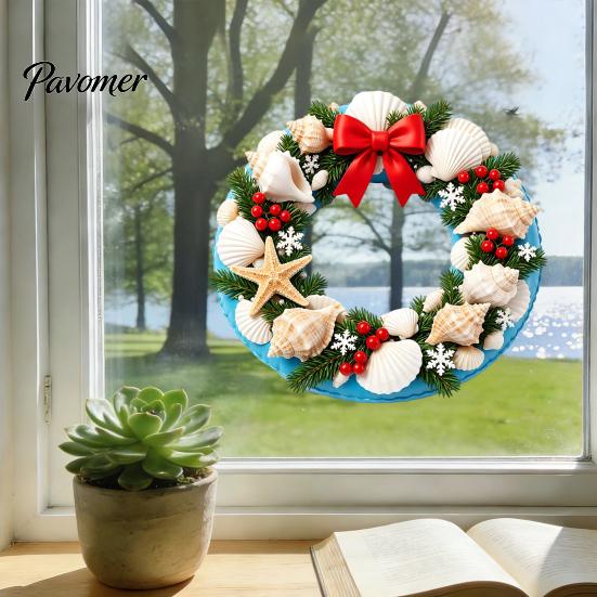 Waterproof Glass Window Film Ocean Style Christmas Wreath Stickers, PVC Static Decals with Sunproof Stickers Conch And Shell Elements, Seaside Clings