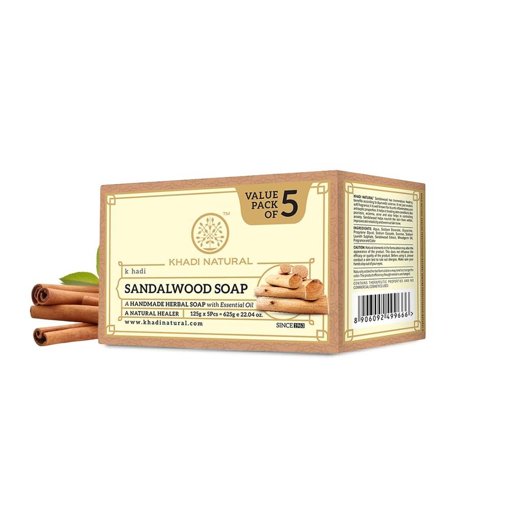 Khadi Natural Sandalwood Soap Pack of 1 | Handmade Herbal Bathing Soap for Hydrated Soft Skin, All Skin Types, 125gX 5pcs