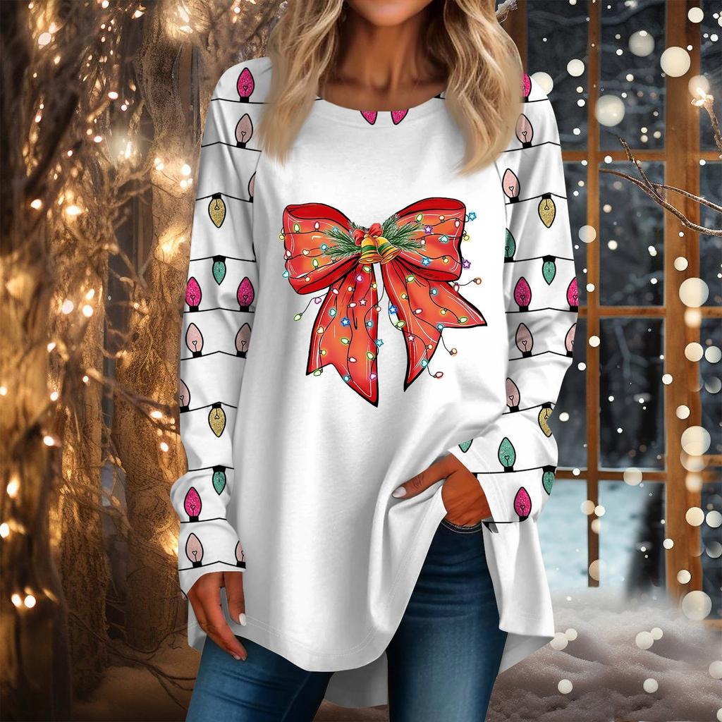 Женская повседневная футболка больших размеров с длинными рукавами и круглым вырезом с рождественским принтом, топ, пуловер