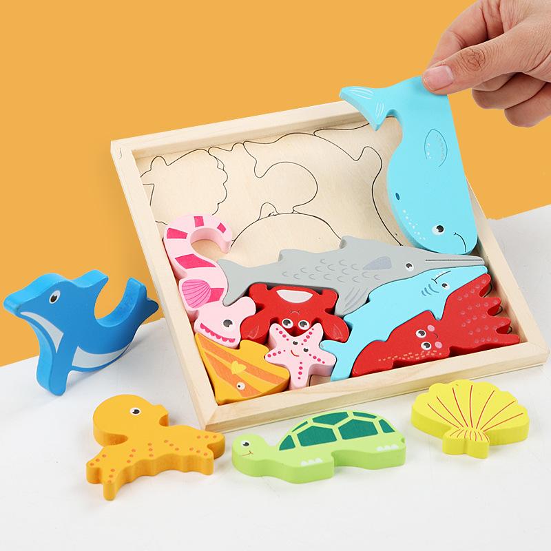 Cartoon Animal Three-dimensional Jigsaw Puzzle Children's Wooden Puzzle Early Education Hand Grasping Board Fruit and Vegetable Transportation Toy