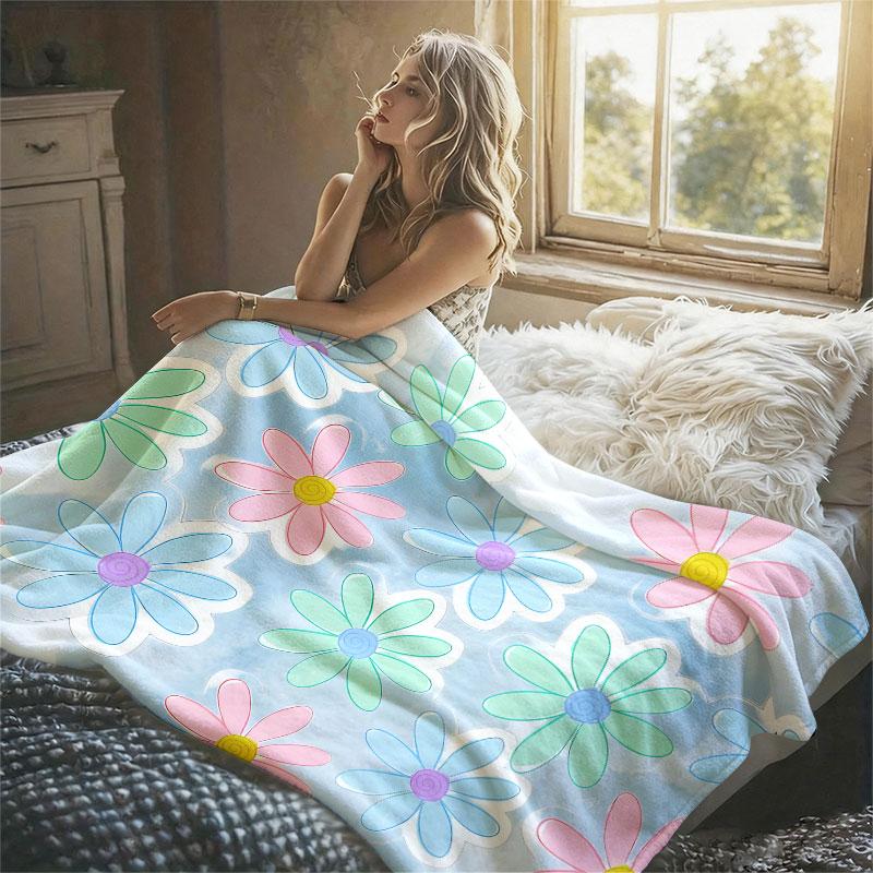 Pastel Daisy Stickers Flannel Blanket Warm Soft Halloween Christmas Decorative Couch Warm Cozy All-Season Gift