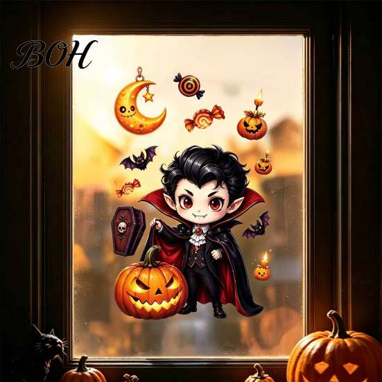 Halloween Party Supplies Static Window Clings, Pumpkin Ghost Mummy Vampire Cartoon Decals, Cute Decor Self-Adhesive Clings for Glass Door Mirror Shop