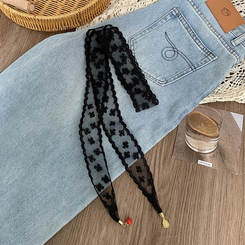 Lace Silk Scarf, Long Strip, High-end Bow, Small Pendant, Scarf, Headscarf, Headband, Decorative Scarf, Waist Belt Can Be Tied.