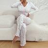 2 шт./комплект осень-зима женская пижама костюм отложной воротник длинный рукав принт бант декор топ высокая талия брюки пижамы повседневная домашняя одежда одежда