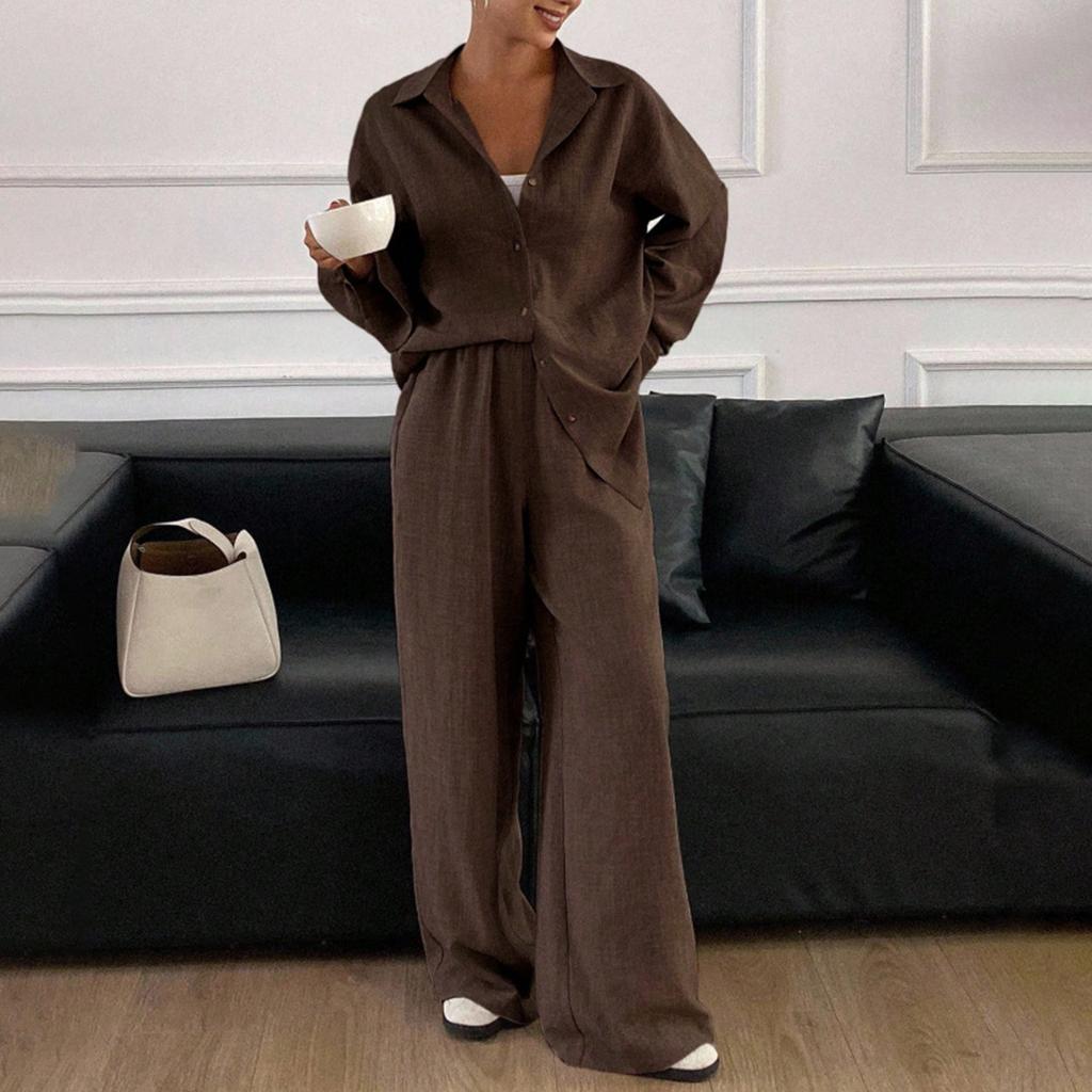 Женский повседневный костюм свободного кроя, хлопковая и льняная рубашка с длинным рукавом, брюки, комплект из двух предметов