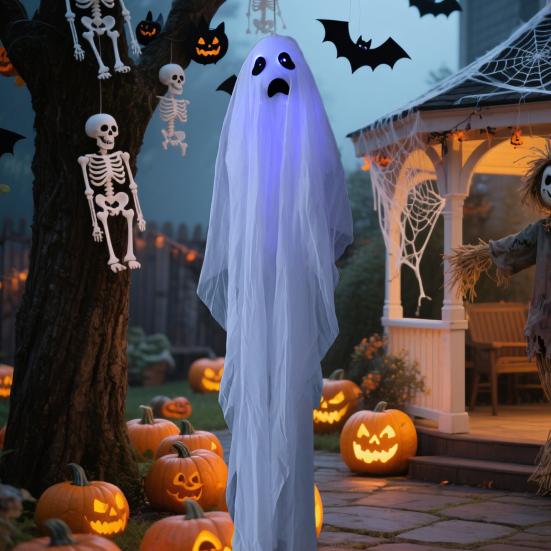 2 Pcs Halloween Hanging Ghosts Spooky Outdoor Light-Up Flying White Ghosts